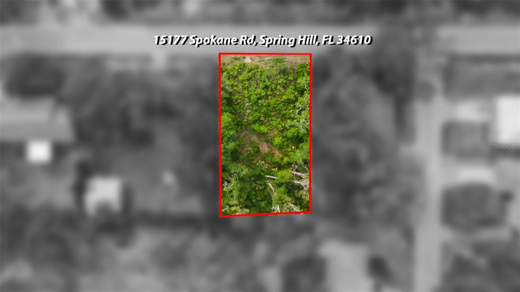 An aerial view shows a rectangular, tree-covered lot outlined in red — 15177 SPOKANE ROAD, SPRING HILL, FL