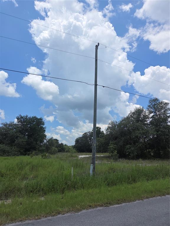 A utility pole stands in a grassy, undeveloped lot under a bright, cloudy blue sky — Lot 14 SW VIOLA COURT, DUNNELLON, FL