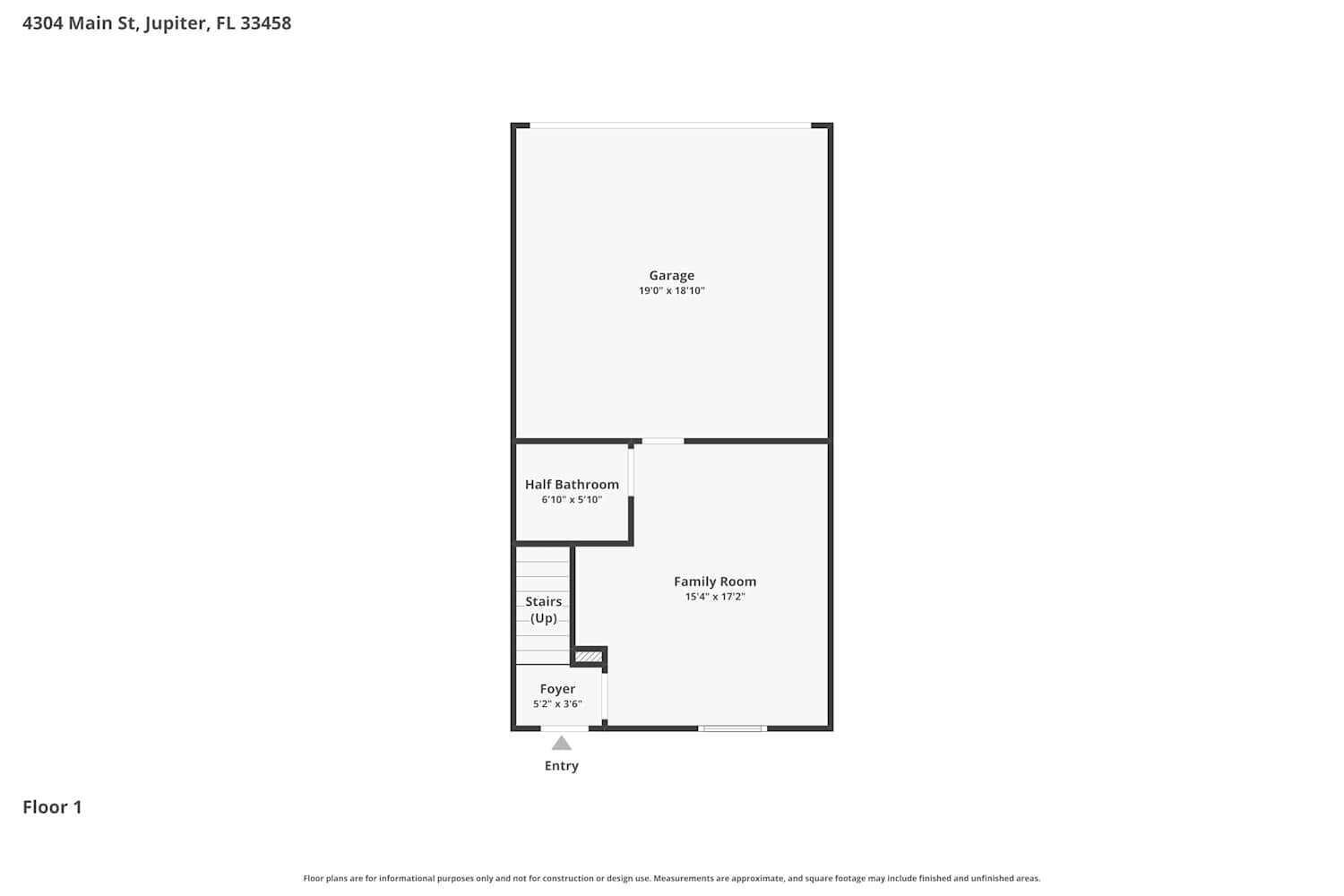 This is a floor plan of the first level, featuring a garage, family room, and foyer — JUPITER, FL