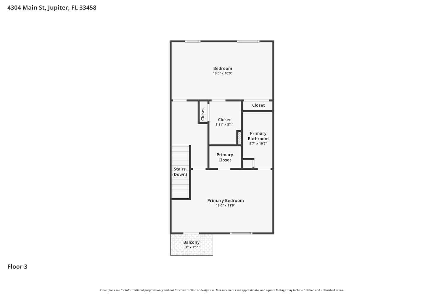 This floor plan shows the third level of a residence with two bedrooms and a balcony — JUPITER, FL