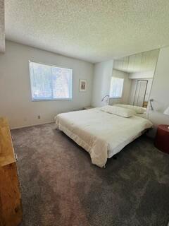 A bedroom with gray carpet, a white bed, a window, and a mirrored closet wall — 505 Gardens Drive # 204, Pompano Beach FL 33069, POMPANO BEACH, FL