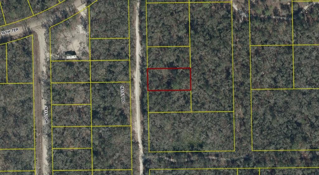 This is an aerial map view showing a rectangular plot of land outlined in red — 04-01S-12E-09475-180060 181ST ROAD, LIVE OAK, FL
