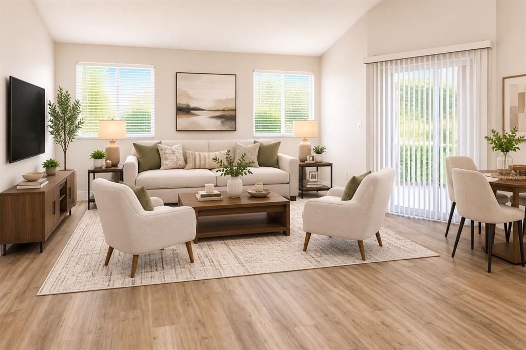 This is a digitally staged living room with light wood flooring and a dining area — 6914 THOUSAND OAKS ROAD, ORLANDO, FL