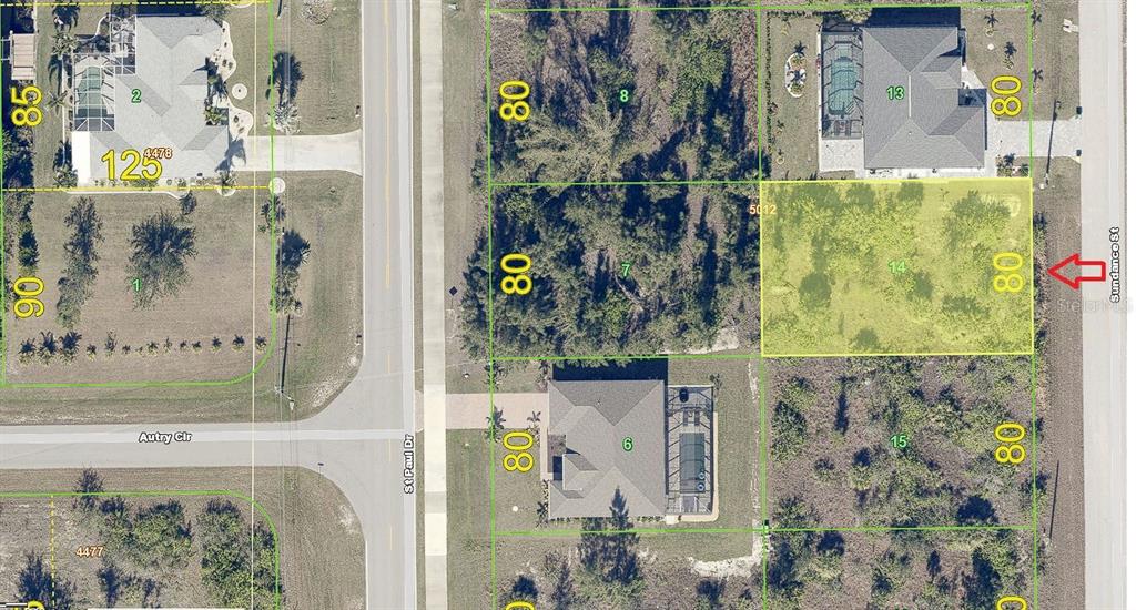 This is an aerial map showing residential lots and houses along St. Paul Drive — 9433 SUNDANCE STREET, PORT CHARLOTTE, FL
