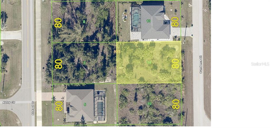 This is an aerial map showing several residential lots, including one highlighted in yellow — 9433 SUNDANCE STREET, PORT CHARLOTTE, FL