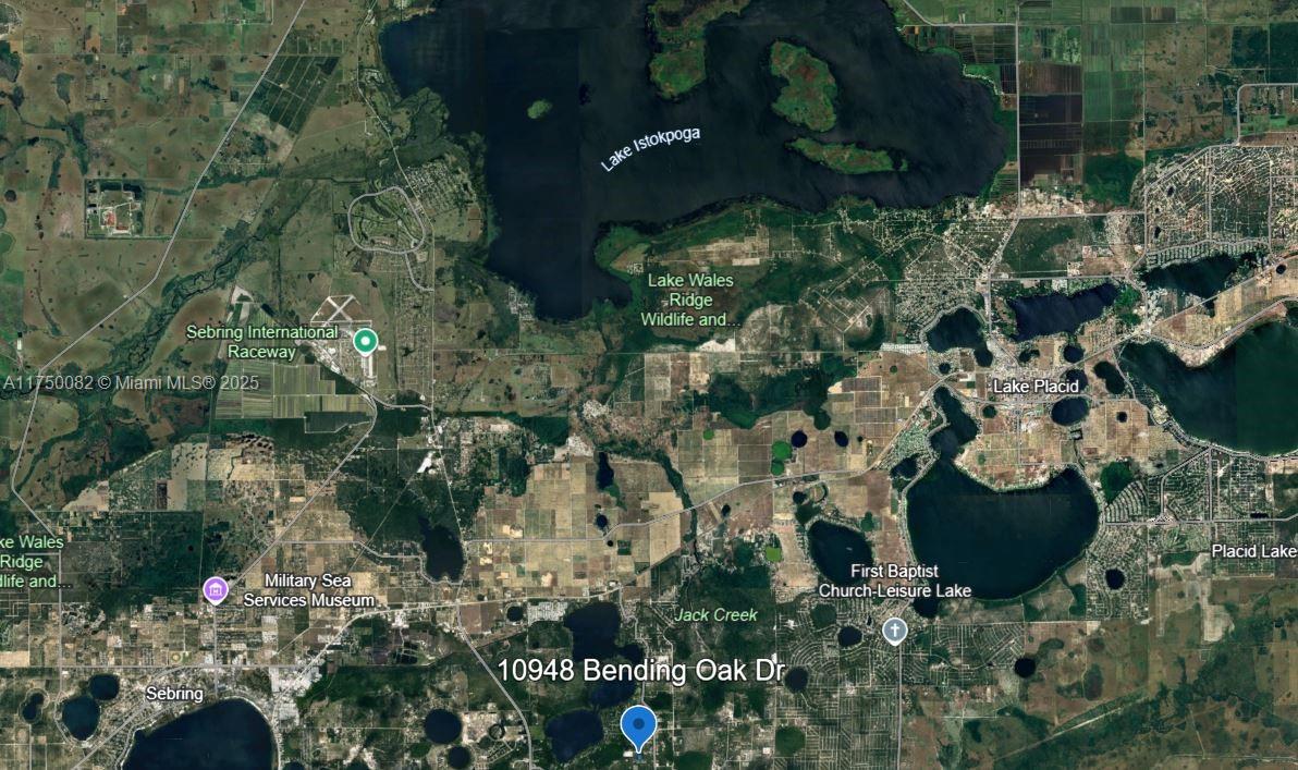 This is a satellite map showing the area surrounding a property in central Florida — 10948 Bending Oak Drive, Sebring FL 33875, SEBRING, FL
