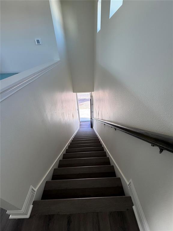 A straight staircase with dark wood treads leads down toward an exterior door — 10373 ROSTAND ALLEY ST STREET, ORLANDO, FL