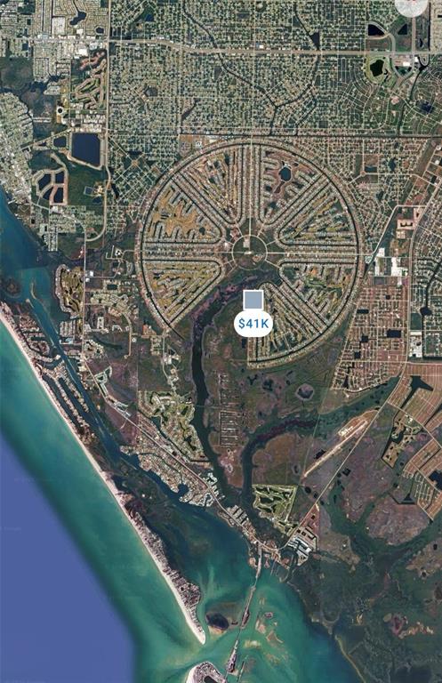 This satellite map shows a circular residential neighborhood located near a coastal waterway — 215 W PINE VALLEY LANE, ROTONDA WEST, FL