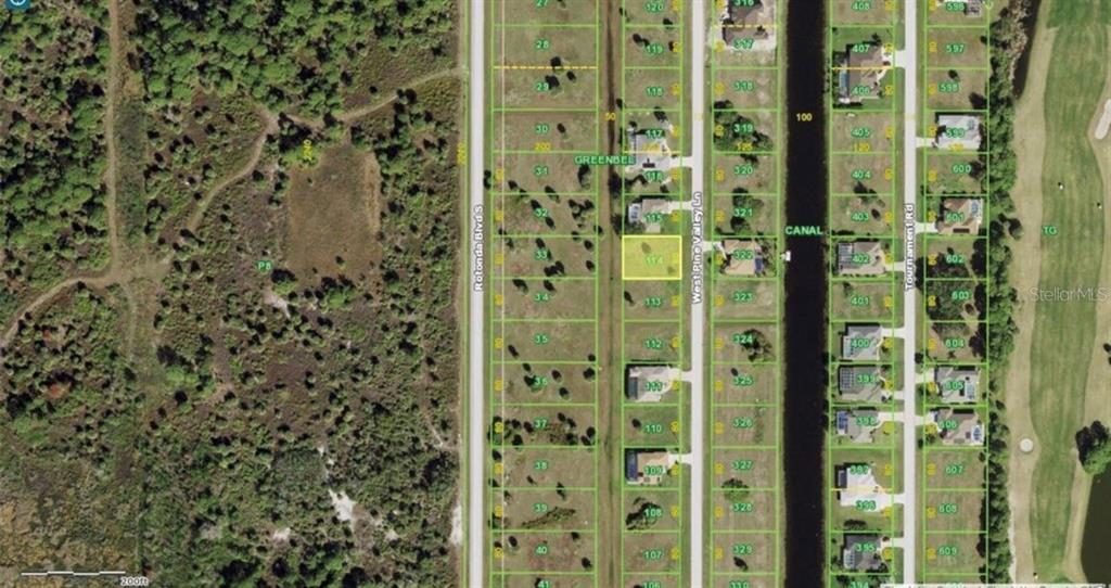 An aerial map shows a highlighted vacant residential lot situated between a road and canal — 215 W PINE VALLEY LANE, ROTONDA WEST, FL