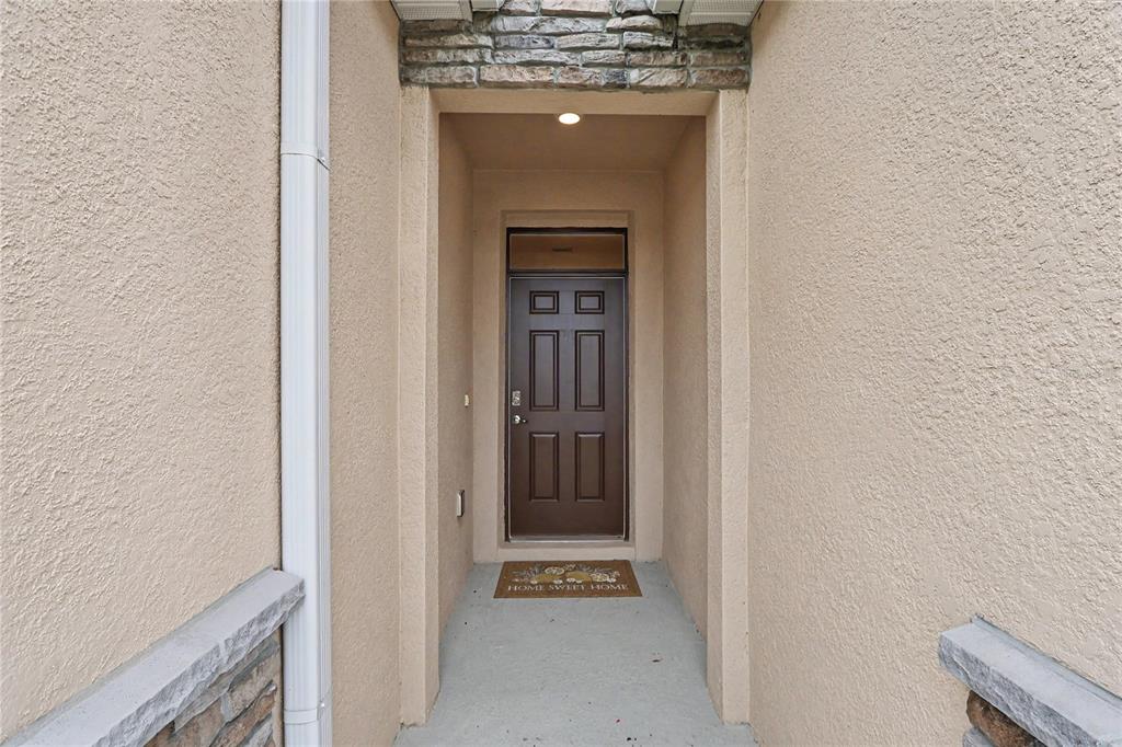 A recessed front entryway features a brown door, a stone accent header, and stucco walls — 6265 SW 88 LOOP, OCALA, FL