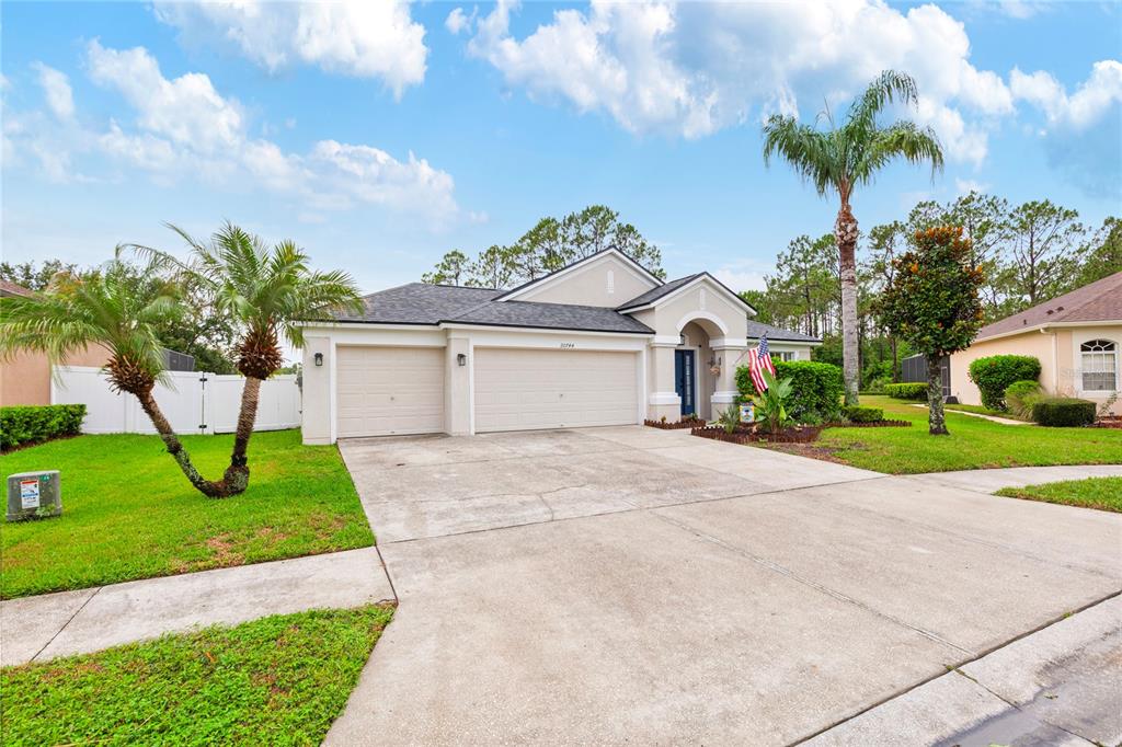 A single-story house with a three-car garage, a palm tree, and a concrete driveway — 20744 ORCHARDTOWN DRIVE, LAND O LAKES, FL