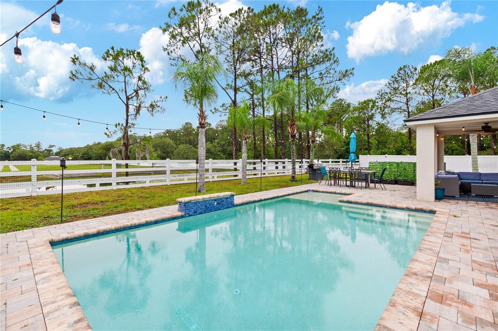 A backyard swimming pool with a paved deck and a covered patio area — 20744 ORCHARDTOWN DRIVE, LAND O LAKES, FL