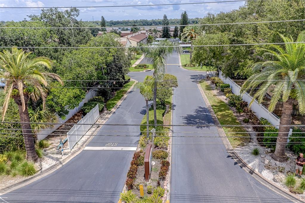 An elevated view of a paved residential entrance road lined with palm trees and landscaping — 9209 SEMINOLE BOULEVARD UNIT 56, SEMINOLE, FL