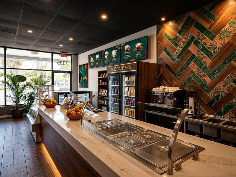 A modern coffee shop counter features a white marble top, stainless steel bins, and wood-tiled walls — N State Road 7, Tamarac FL 33319, TAMARAC, FL