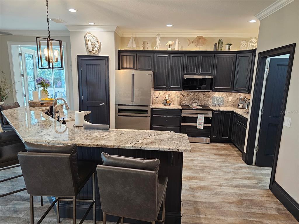 A kitchen features dark cabinetry, granite countertops, stainless steel appliances, and a breakfast bar — 1040 COTTAGE DRIVE, THE VILLAGES, FL