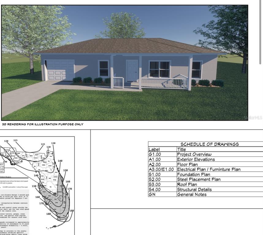 A 3D rendering of a single-story house with a garage, front porch, and a wind map — 1518 WINTER ROAD, LAKE PLACID, FL