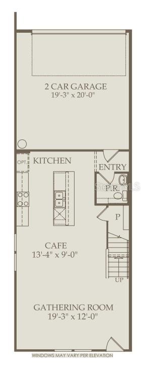 This floor plan shows a first-floor layout with a two-car garage, kitchen, cafe, and gathering room — 10674 EVENING STAR STREET, ORLANDO, FL