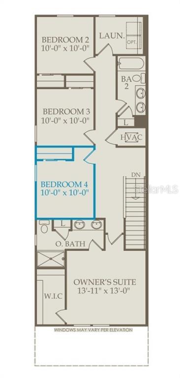 This is a floor plan of a residential second story featuring four bedrooms and two bathrooms — 10674 EVENING STAR STREET, ORLANDO, FL