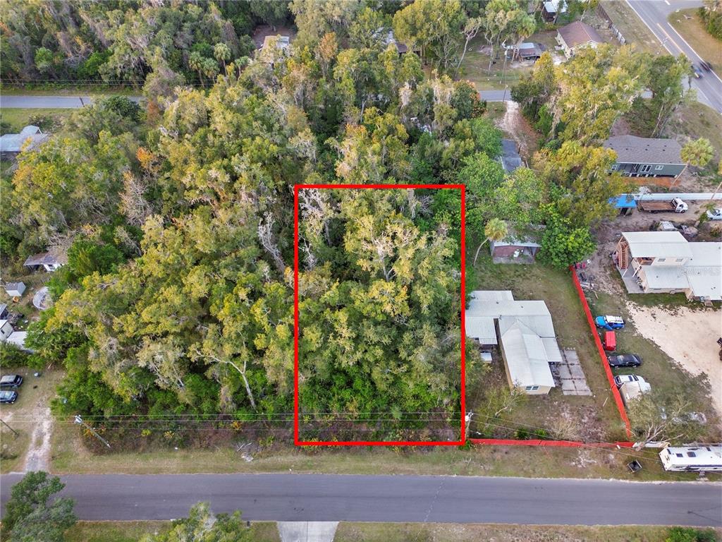 An aerial view shows a rectangular, tree-covered vacant lot outlined in red next to houses — 000 W GOLDENLEAF LANE, CRYSTAL RIVER, FL