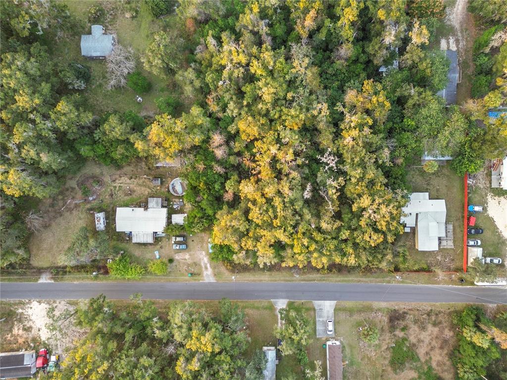 An aerial view shows two houses separated by a dense wooded area along a road — 000 W GOLDENLEAF LANE, CRYSTAL RIVER, FL
