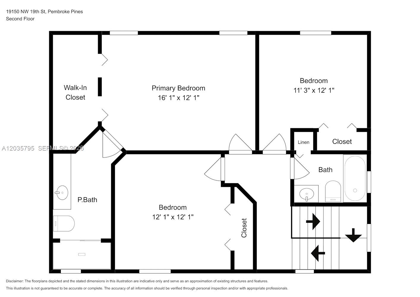 This is a floor plan of a second-floor residential layout with three bedrooms and two bathrooms — PEMBROKE PINES, FL