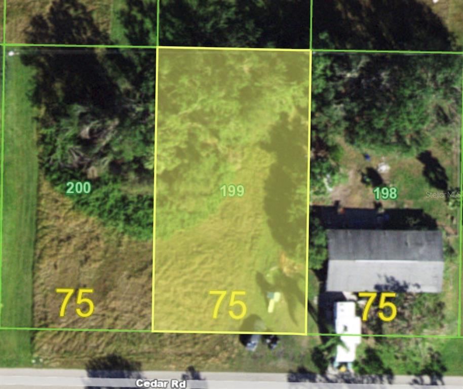 This is an aerial map view showing three adjacent rectangular land parcels along Cedar Road — 30086 CEDAR ROAD, PUNTA GORDA, FL