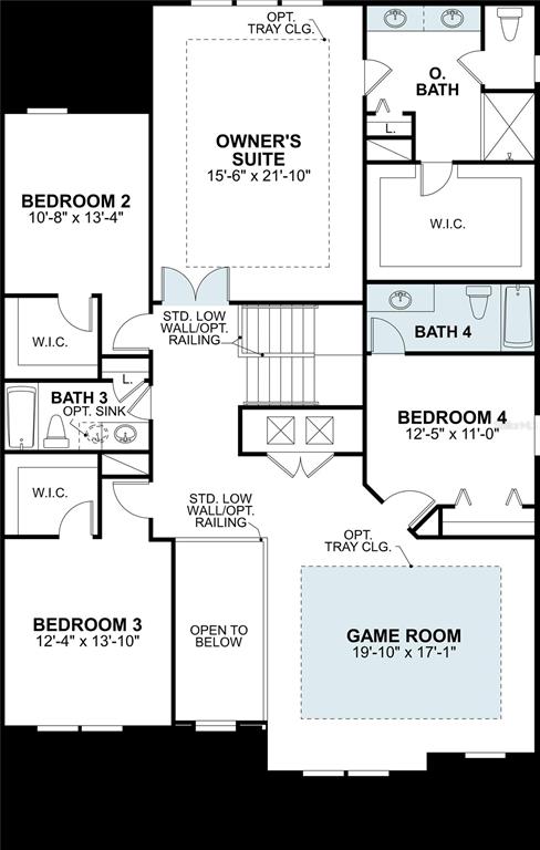 This floor plan shows the upper level of a house with four bedrooms and a game room — 1889 CLARY SAGE DRIVE, SPRING HILL, FL