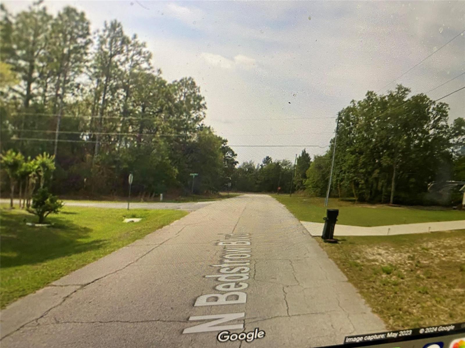 A street view shows a paved road with a green street sign and surrounding trees — 6691 N Bedstrow Boulevard, FL 34434, FL