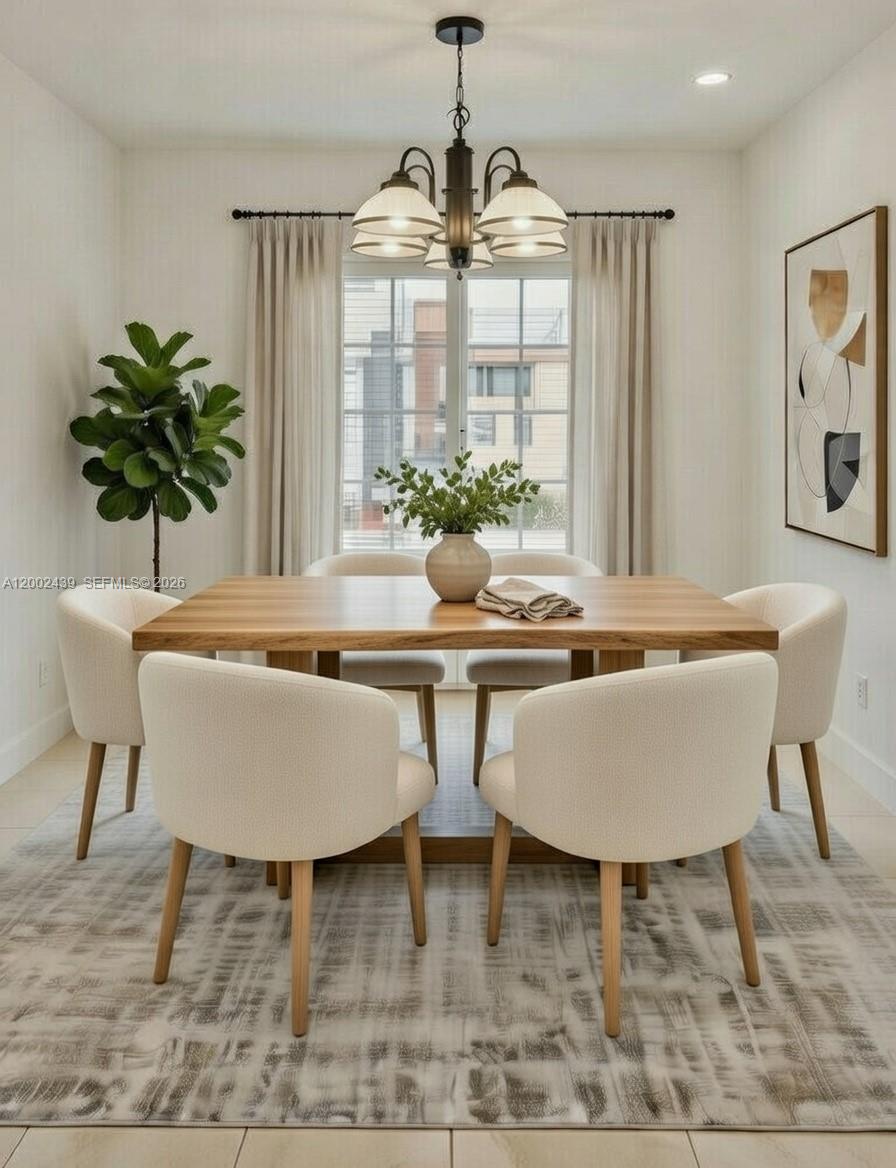 A dining room features a wooden table, six cream chairs, a chandelier, and a large plant — 3743 NW 122nd Ter, Sunrise FL 33323, SUNRISE, FL