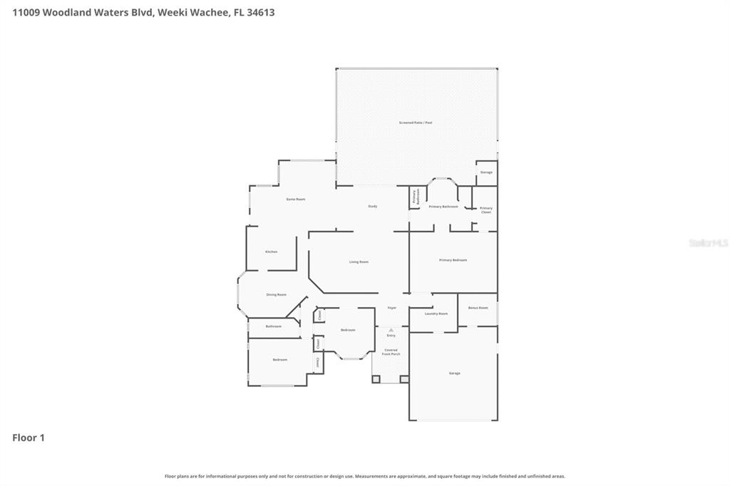 This is a floor plan for a single-story residential home with a pool and garage — 11009 WOODLAND WATERS BOULEVARD, WEEKI WACHEE, FL