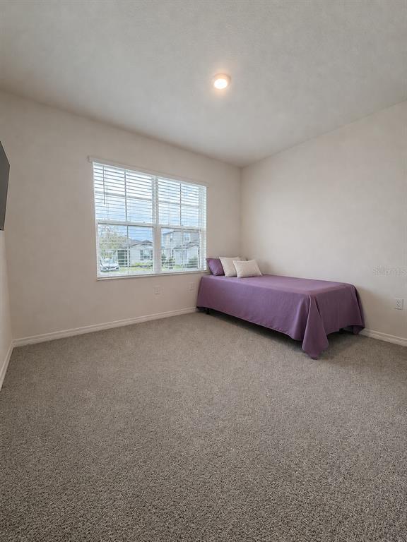 A bedroom with beige walls, gray carpeting, a single window, and a twin bed — 1117 GRIFFON AVENUE, LAKE ALFRED, FL