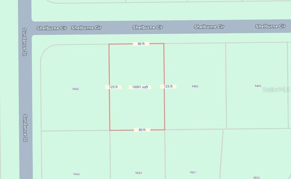This is a map showing the dimensions and square footage of a rectangular residential lot — 9477 SHELBURNE CIRCLE, PORT CHARLOTTE, FL