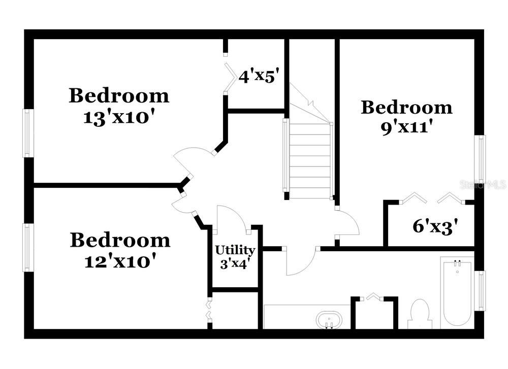 This is a floor plan showing three bedrooms, a bathroom, and a utility closet — 10330 AVELAR RIDGE DRIVE, RIVERVIEW, FL