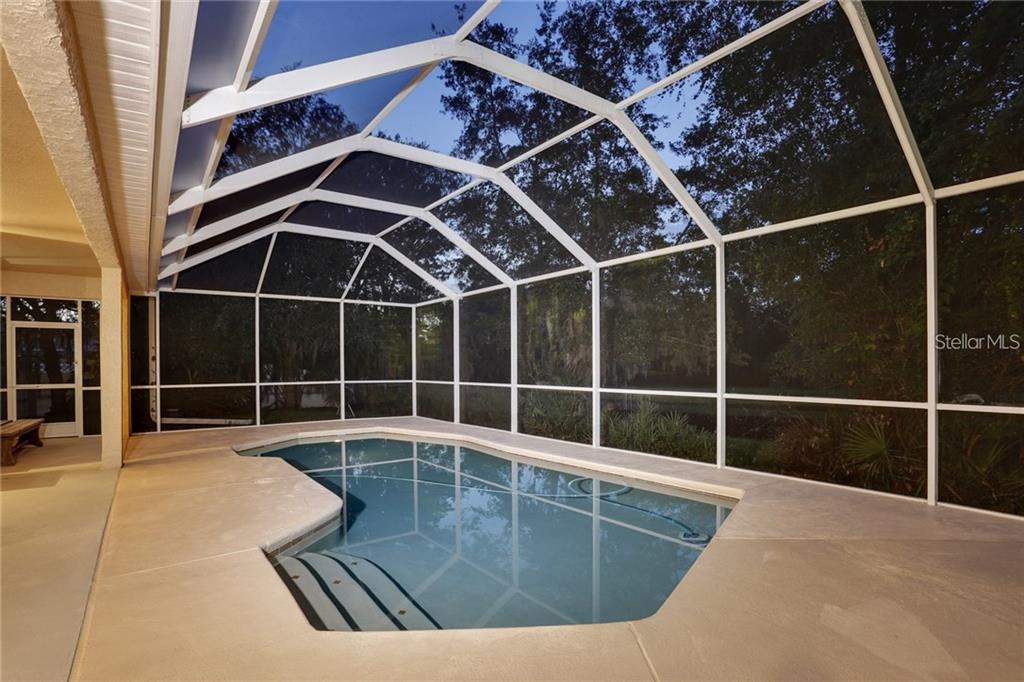 A screened-in pool enclosure features a concrete deck and views of surrounding trees — 6020 CATLIN DRIVE, TAMPA, FL