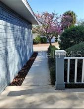 A concrete walkway leads along the side of a blue brick house toward a tree — 9020 SW 91ST TERRACE, OCALA, FL