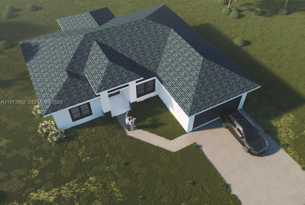 This is a digital rendering of a single-story house with a dark shingled roof — 2532 NE 1st PL, Cape Coral FL 33909, CAPE CORAL, FL