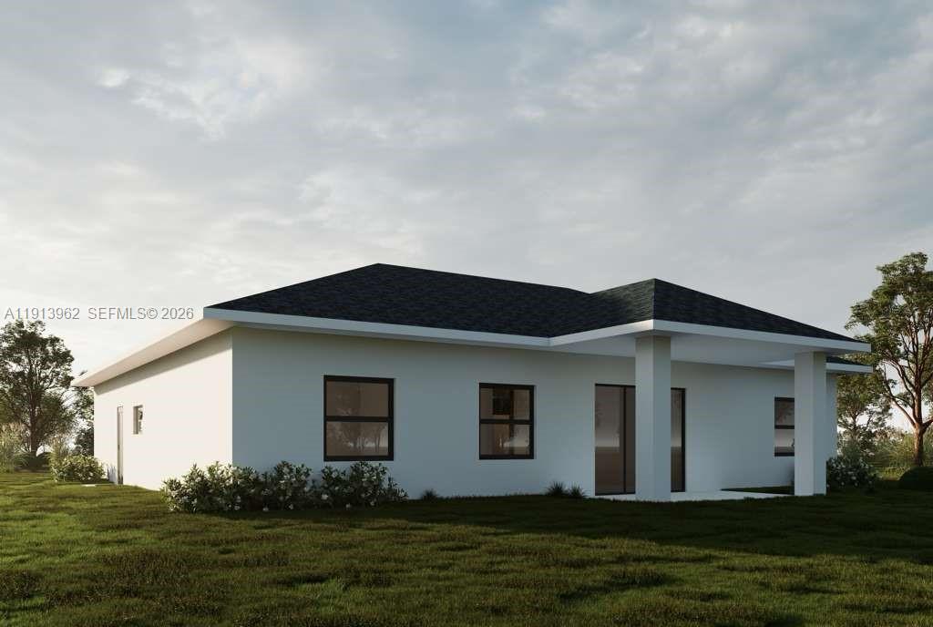This is a digital rendering of the exterior of a single-story house — 2532 NE 1st PL, Cape Coral FL 33909, CAPE CORAL, FL