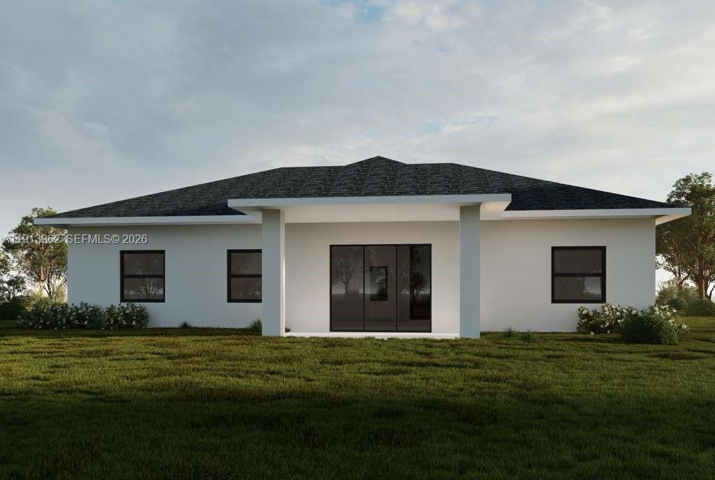 This is a digital rendering of the rear exterior of a single-story house — 2532 NE 1st PL, Cape Coral FL 33909, CAPE CORAL, FL