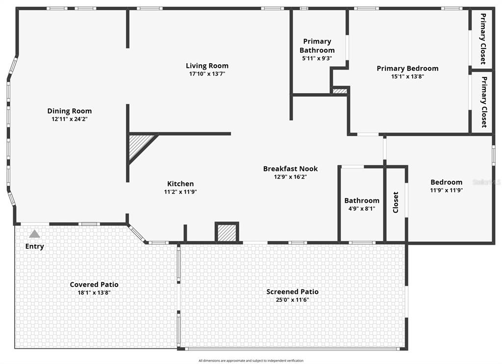 This is a floor plan showing a home layout with two bedrooms, two bathrooms, and two patios — 1666 ELKHART CIRCLE, TAVARES, FL