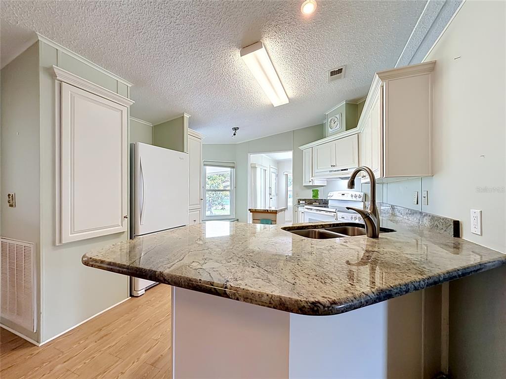 A kitchen features a granite-topped island, white cabinetry, and light-colored walls — 1666 ELKHART CIRCLE, TAVARES, FL