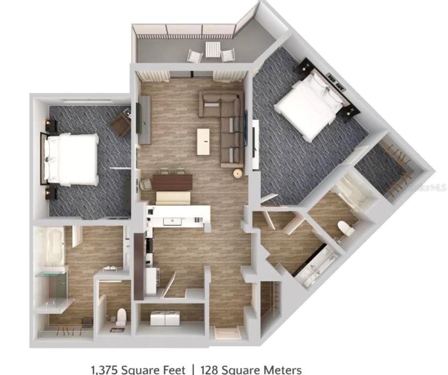 This floor plan rendering shows a two-bedroom apartment with an open living area and balcony — 14501 GROVE RESORT AVENUE UNIT 2214, WINTER GARDEN, FL