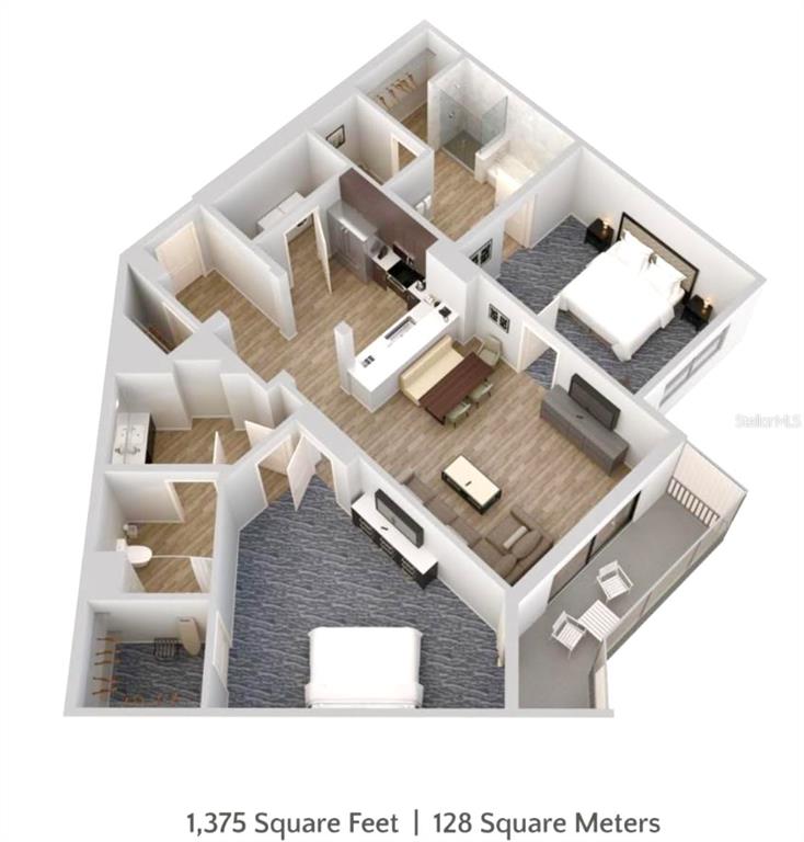 This is a 3D floor plan rendering of a two-bedroom apartment with a balcony — 14501 GROVE RESORT AVENUE UNIT 2214, WINTER GARDEN, FL
