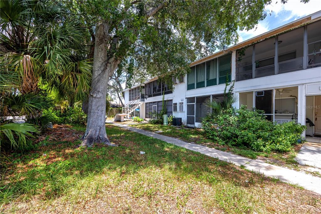 A two-story apartment building with screened-in balconies sits next to a large tree — 224 WAVERLY WAY UNIT 4, CLEARWATER, FL