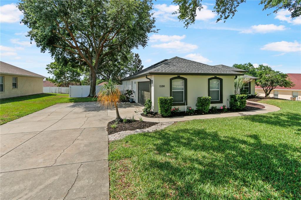 A single-story house with a concrete driveway, a front lawn, and a large shade tree — 10814 VINEYARD COURT, CLERMONT, FL