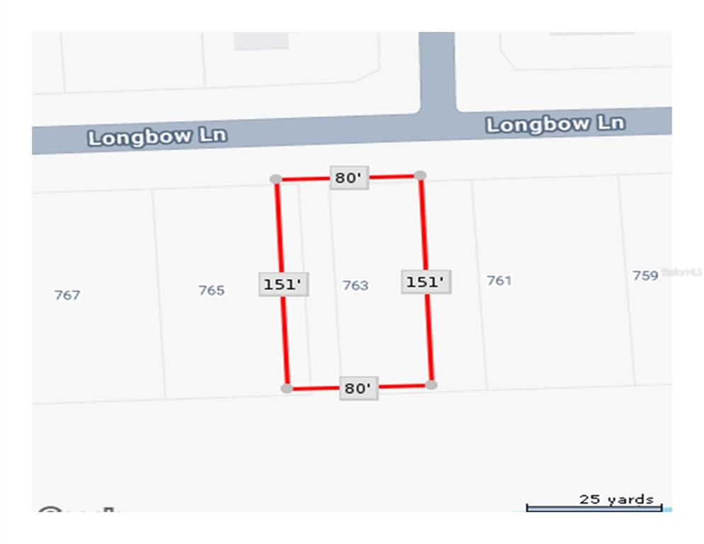 This is a map showing the rectangular property boundaries and dimensions of a residential lot — 763 LONGBOW LANE, LEHIGH ACRES, FL