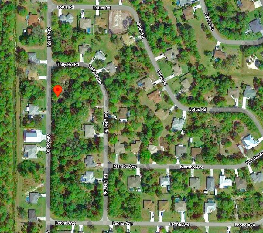 This is an aerial map showing residential streets, houses, and wooded lots in a neighborhood — Lot 2 ALWOOD STREET, NORTH PORT, FL