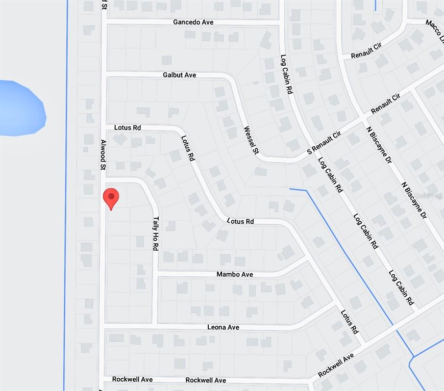 This image is a map showing residential streets and a red location marker — Lot 2 ALWOOD STREET, NORTH PORT, FL