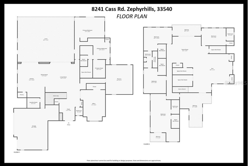 This is a two-story floor plan showing the layout of a residential home — 8241 CASS ROAD, ZEPHYRHILLS, FL