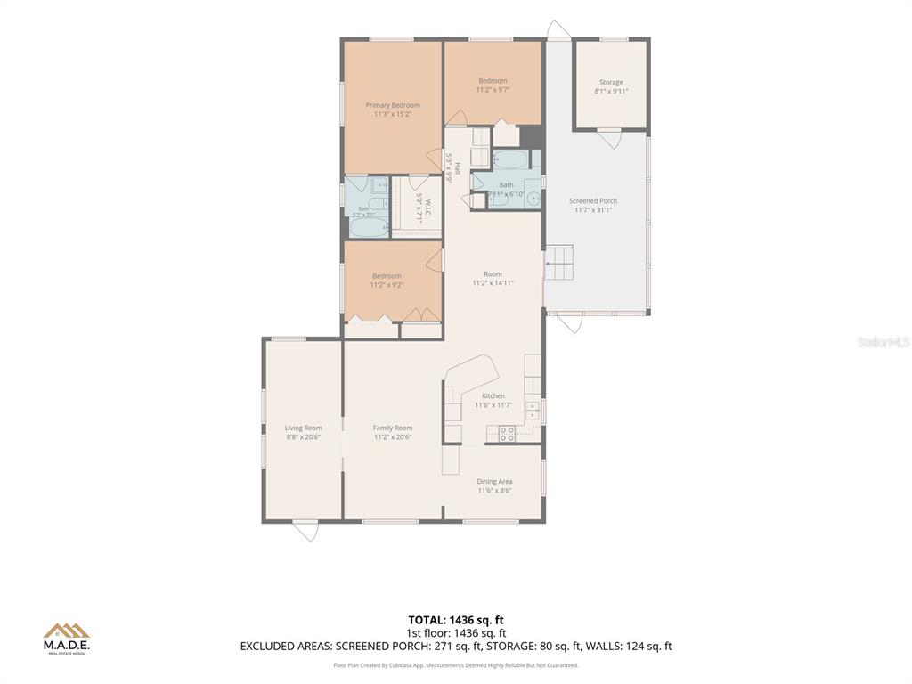 This is a floor plan showing a house with three bedrooms, two bathrooms, and a porch — 5417 AMANDA STREET, ZEPHYRHILLS, FL