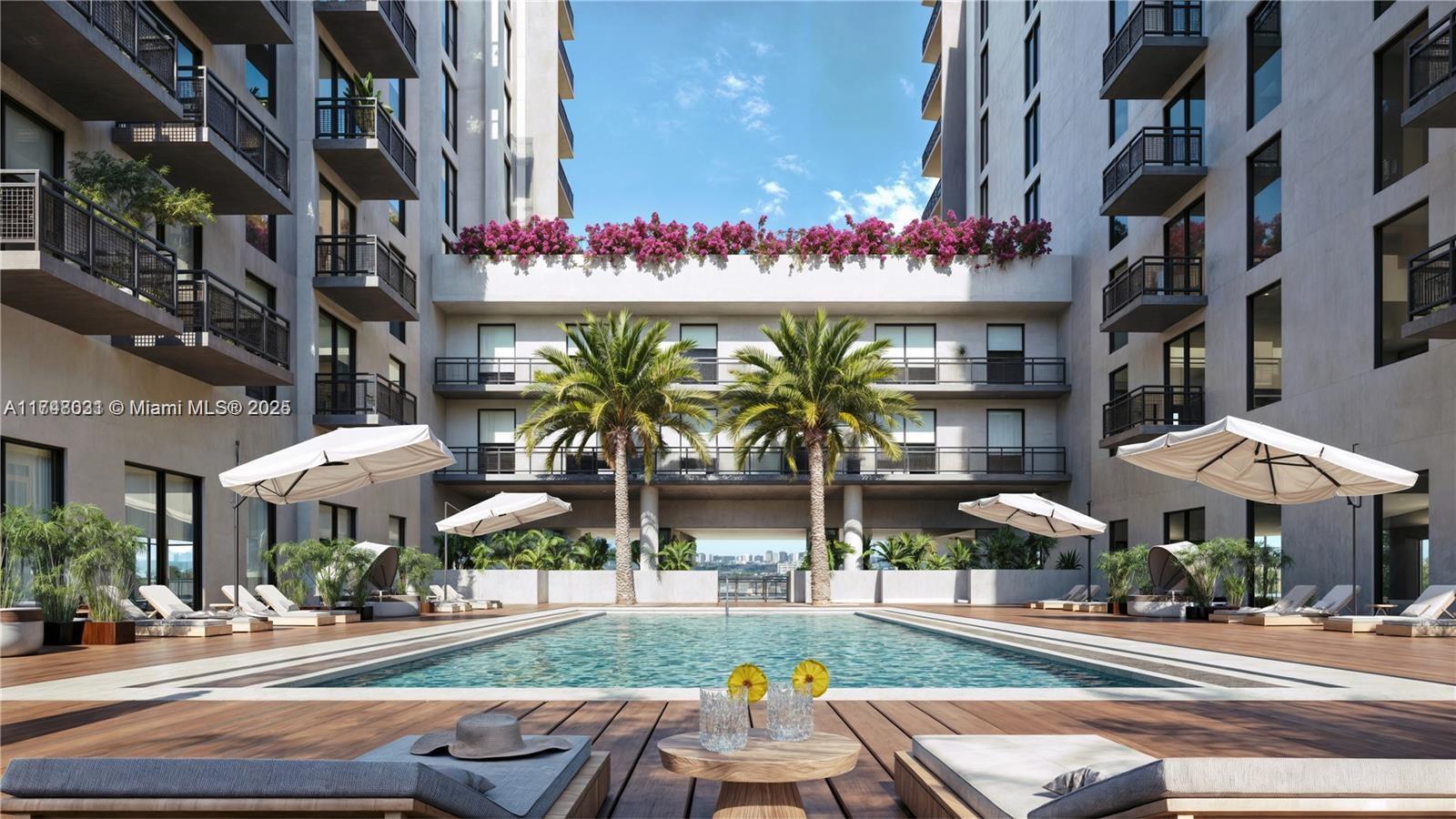 This is a rendering of a modern apartment complex courtyard featuring a swimming pool — 1420 NW 14th Ave # 1623, Miami FL 33125, MIAMI, FL